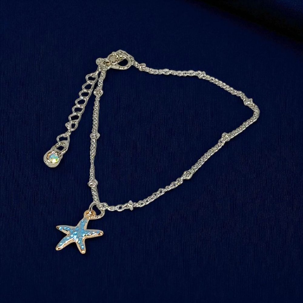 White Gold Ankle Bracelet with Blue Starfish Charm Oceancore Seaside Beachy 00s